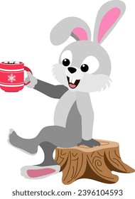 Christmas story time. Hare holding a mug of coffee with marshmallows. Christmas and New Year vector composition.