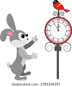 Christmas story time. The hare points to the clock hand. Christmas and New Year vector composition.
