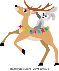 Christmas story time. A hare rides a deer. Christmas and New Year vector composition. 