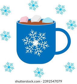 Christmas story time. Mug with coffee and colorful marshmallows. Christmas and New Year vector composition. 