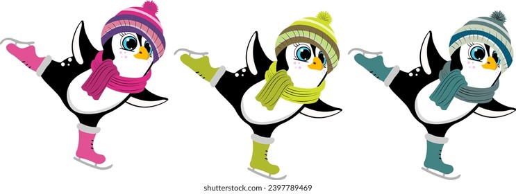 Christmas story time. Penguin in a hat and skates. Christmas and New Year vector composition.