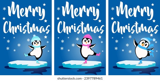 Christmas story time. Penguins skating on an ice floe and the inscription "Merry Christmas." Christmas and New Year vector composition. 