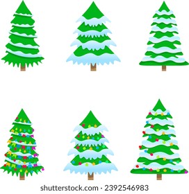  Christmas story time. Set of Christmas trees covered in snow and with decorations. Christmas and New Year vector composition.