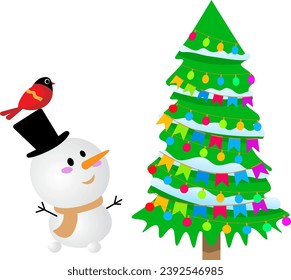 Christmas story time. A snowman and a bird look at a decorated Christmas tree. Christmas and New Year vector composition.