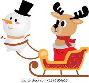  Christmas story time. A snowman carries a deer in a sleigh. Christmas and New Year vector composition.