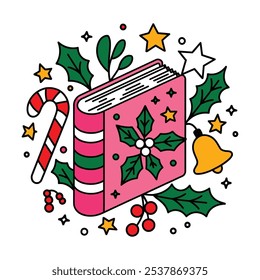 Christmas Storybook with Holiday Decorations Vector Illustration