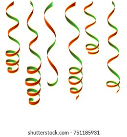 Christmas streamers red, green and gold vector. Red and green serpentine with gold lines, New Year holiday party elements. golden lines curly ribbons, Birthday celebration set of isolated decoration