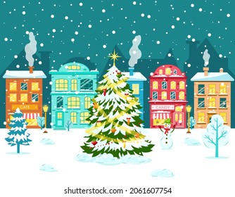 Christmas street in flat style. Christmas tree, snowman, candy shop, cafe, cute houses. Vector illustration for winter season greeting, invitation, advertising, poster, card, banner, print, template