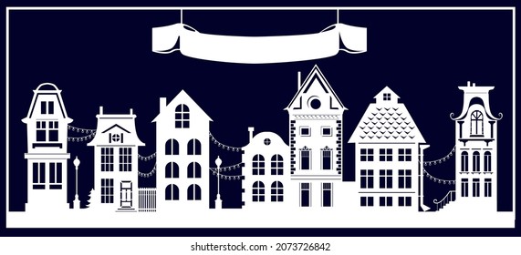 Christmas street with holiday lace. Filigree paper cut silhouette. Cristmas paper decor to the window. Openwork vector template 