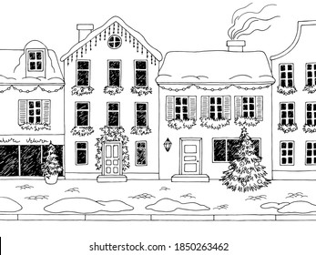 Christmas street house exteriors. Winter graphic black white landscape sketch illustration vector