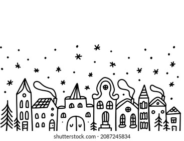 Christmas street house exteriors. Winter graphic black white landscape. Cute border element. Linear doodle vector sketch illustration.