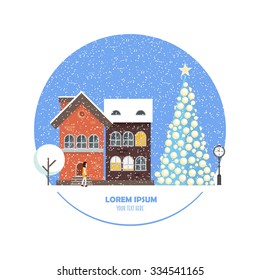 Christmas street. Landscape concept in modern flat style with place for your text. Vector illustration with cityscape elements and Christmas tree. Perfect template for card, web or any designs. 