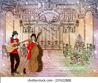 Christmas Street Performers In A Snowy City