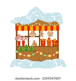 Christmas street stall in the snow with gifts, Christmas candies, socks and Christmas trees. Illustration, postcard, vector	

