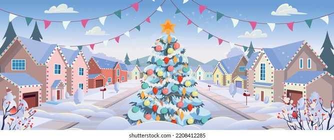 Christmas street. Suburban houses, street with cottages with garages in winter. A street of houses with white trees and with a Christmas tree with toys. Village. Vector illustration in cartoon