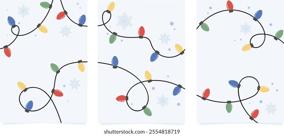 Christmas String colorful. Christmas Lights. Christmas Light bulb vector. Xmas Lamp bulb vector. Greeting card template, holiday cover, with garland. Modern lights background design in flat 