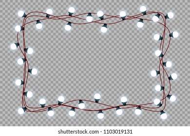 Christmas string of garlands in the form of squares and text space isolated on background. Realistic Christmas, New Year decorations with transparency. Light bulb decor. The boundary is on.

