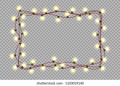 Christmas string of garlands in the form of squares and text space isolated on background. Realistic Christmas, New Year decorations with transparency. Light bulb decor. The boundary is on.

