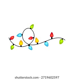 Navidades de cuerdas de luces que forman un borde decorativo, con bombillas de colores que iluminan celebraciones, fiestas, eventos invernales y Elementos de diseño de temporada sobre un fondo blanco