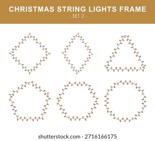 Christmas string lights frame set. Diamond, rhombus, triangle, pentagon, hexagon and octagon borders in string lights style.