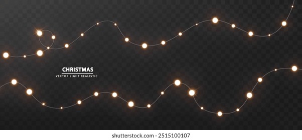 Christmas string lights g isolated on dark background. Glowing lamp light with sparkles. Xmas, New Year, wedding or Birthday garland decorations