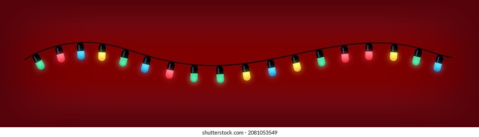 Christmas String Lights. Garland light vector illustration on a burgundy background.
