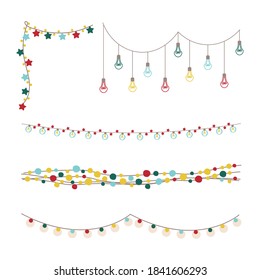 Christmas string lights. Home interior decor isolated design element set. Colorful light bulbs. Christmas decor. Festive colorful vector illustration. Holiday background. Glowing lights for Xmas.

