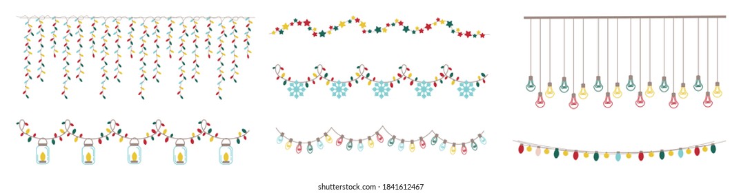 Christmas string lights. Home interior decor isolated design element set. Colorful light bulbs. Christmas decor. Festive colorful vector illustration. Holiday background. Glowing lights for Xmas
