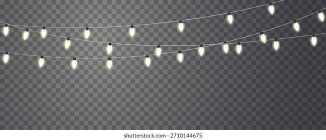 Navidades de luces de cadena, brillantes, festivos, bombillas amarillas suaves. Cálidas y brillantes luces de cadena colgando de cables negros, el brillo crepuscular crea un ambiente acogedor, perfecto para celebraciones, fiestas y decoraciones navideñas.