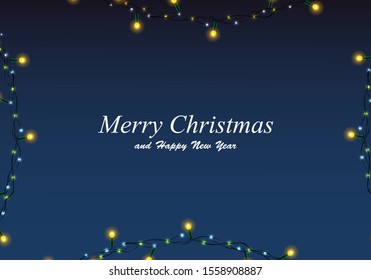 Christmas string lights vector. Holiday lights isolated on blue background. Christmas lights background for greeting card, garland, banner and string design. Merry Christmas text, vector illustration