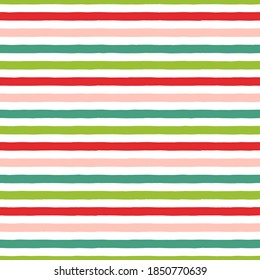 Christmas Stripe Seamless Pattern. Green, Red, Pink Hand Drawn Stripes On White Background. Holiday Wrapping Paper Pattern.