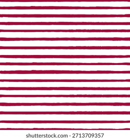 Christmas stripe seamless vector repeat pattern with grunge torn texture jagged horizontal thin skinny stripe. Red and white surface pattern design for Valentines Day, Americana and Xmas.