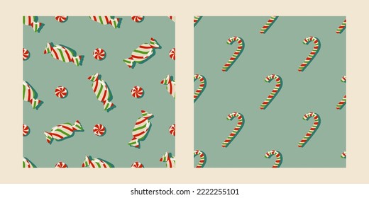 Christmas striped candies seamless pattern set. Retro trendy horizontal seamless pattern design. Minimalistic pastel pattern for gift wrap, stationery, textiles and posters. Winter holiday concept.