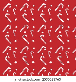 Christmas Striped Candy Cane Pattern In Red And White. Traditional Holiday Sweet Treat For Winter And New Year Decoration. Xmas Peppermint, Spearmint Lollipops. Tasty Holiday Dessert.