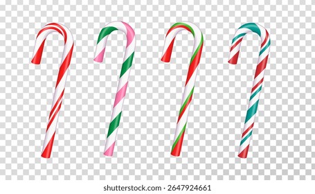 Christmas striped Candy canes candy canes. Festive red, green and white stripes. Christmas candy canes on transparent background. Vector design for greeting cards, decor and banners