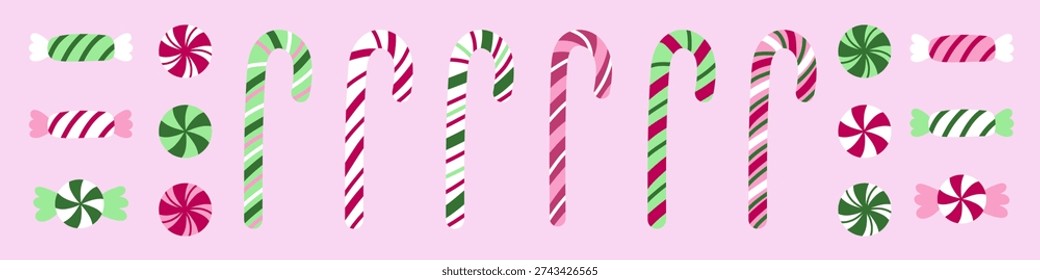 Christmas striped Candy canes and sweets. Festive pink, green and white stripes. Christmas candy canes vector elements for greeting cards, decor and banners design