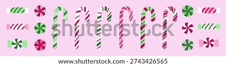 Christmas striped Candy canes and sweets. Festive pink, green and white stripes. Christmas candy canes vector elements for greeting cards, decor and banners design