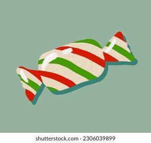 Christmas striped candy. Retro trendy design. Minimalistic pastel icon for gift wrap, stationery, textiles and posters. Winter holiday concept symbol.