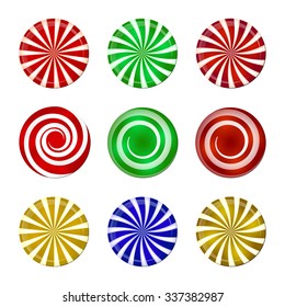 Christmas striped candy set. Spiral sweet mint goody with stripes. Vector illustration isolated on a white background.