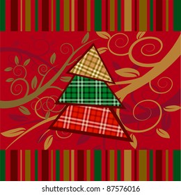 Christmas striped card with new year tree. Vector illustration.