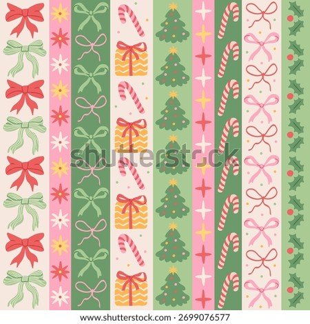 Christmas striped decorative seamless pattern with hand drawn bows, Xmas tree, gifts, candy cane, stars and holly. Vintage holiday vector wrapping paper, Christmas cute background, winter textile.