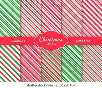 Christmas striped diagonal seamless patterns collection. Candy cane red lines background.