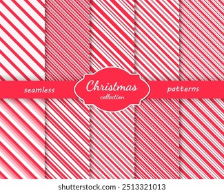 Christmas striped diagonal seamless patterns collection. Candy cane red lines background.