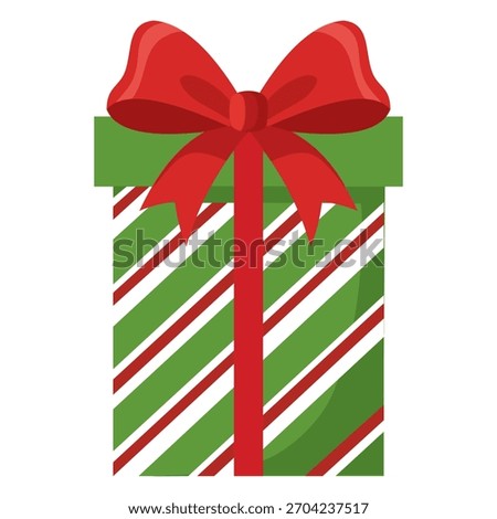 Christmas Striped Gift Box with Red Ribbon and Bow