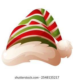 Christmas striped headdress, green red stripes with fur and pompom. Festive red santa claus cap, elf hat, winter hat. Vector illustration for winter holidays design, new year.