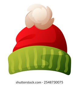 Christmas striped headdress, green red stripes with fur and pompom. Festive red santa claus cap, elf hat, winter hat. Vector illustration for winter holidays design, new year.