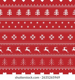 Christmas Striped Pattern with Deer, Fir Trees, Snowflakes. Seamless Print. Christmas Background with Winter Elements. Merry Christmas, Happy New Year Design. Vector illustration in Red, White