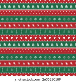 Christmas Striped Pattern with Deer, Fir Trees, Snowflake, Flower, Heart. Seamless Print. Christmas Background. Merry Christmas, Happy New Year Design. Vector illustration in Red, Green, White