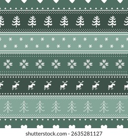 Christmas Striped Pattern with Deer, Fir Trees, Snowflake, Heart. Seamless Print. Christmas Background with Winter Elements. Merry Christmas, Happy New Year Design. Vector illustration in Green, White