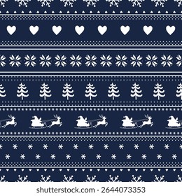 Kerst Gestreepte Patroon met Herten, Santa, Vuurbomen, Hart, Sneeuwvlokken. Naadloze afdrukken. Kerst achtergrond met winter elementen. Vrolijk kerstfeest, gelukkig nieuwjaarsontwerp. Vector in donkerblauw, wit